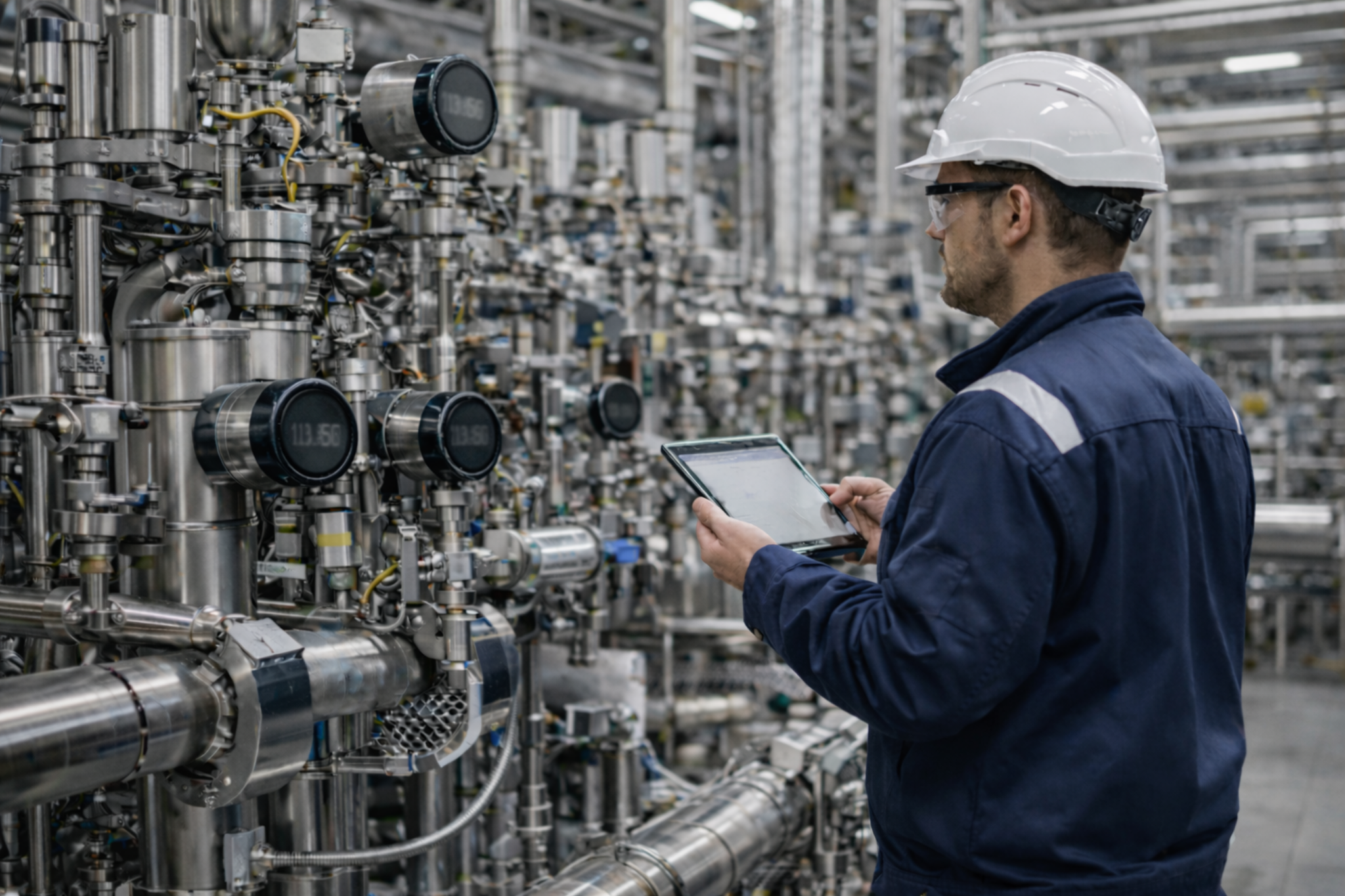 Engineer with instruments at an industrial plant